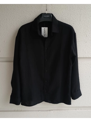 Siyah Bambu Keten Premium Kumaş Oversize Kalıp Gömlek