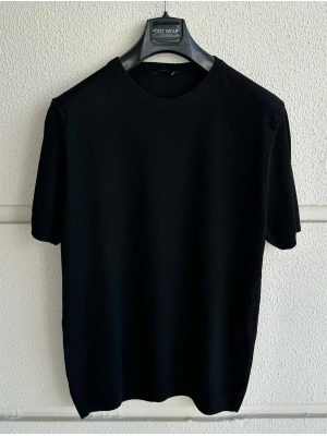 Siyah Bisiklet Yaka Premium Kumaş Triko T-Shirt