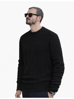 Siyah Bisiklet Yaka Premium Pamuklu Triko Kazak