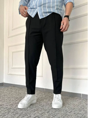 Siyah Çımalı Çizgi Detaylı Premium Gofre Kumaş Pantolon