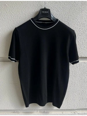 Siyah Çizgi Detay Bisiklet Yaka Premium Kumaş Triko T-Shirt