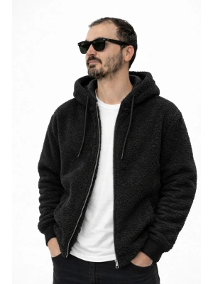 Siyah Kapşonlu İçi Astarlı Unisex Peluş Mont