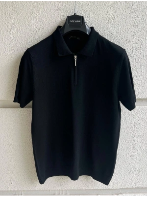 Siyah Yaka Detaylı Basic Premium Kumaş Triko T-Shirt