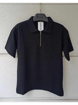Siyah Yarım Pat Fermuarlı Premium Petek Kumaş T-Shirt