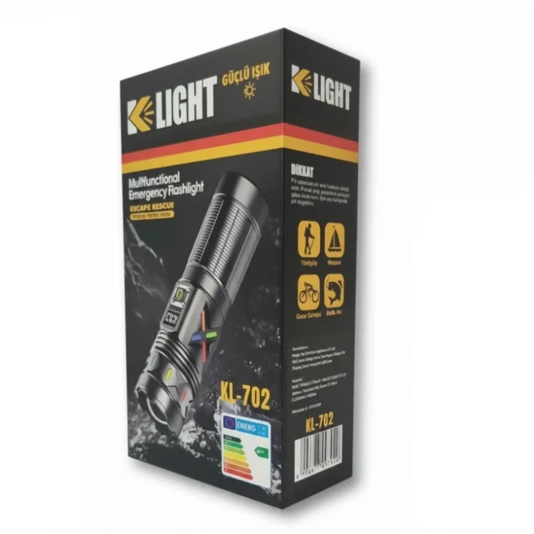 KLİGHT KL-702 Power Bank Özellikli - Şarjlı Güçlü Uzun Menzilli El Feneri