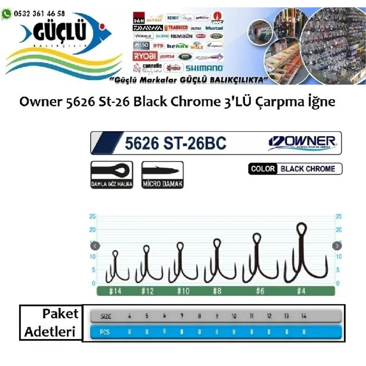 Rapala İğnesi Owner 5626 St-26 Black Chrome 3’Lü İğne No:4