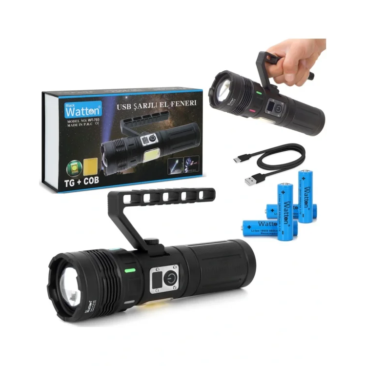 WATTON WT-703 15.000 LÜMEN TG+COB LED ŞARJLI EL FENERİ