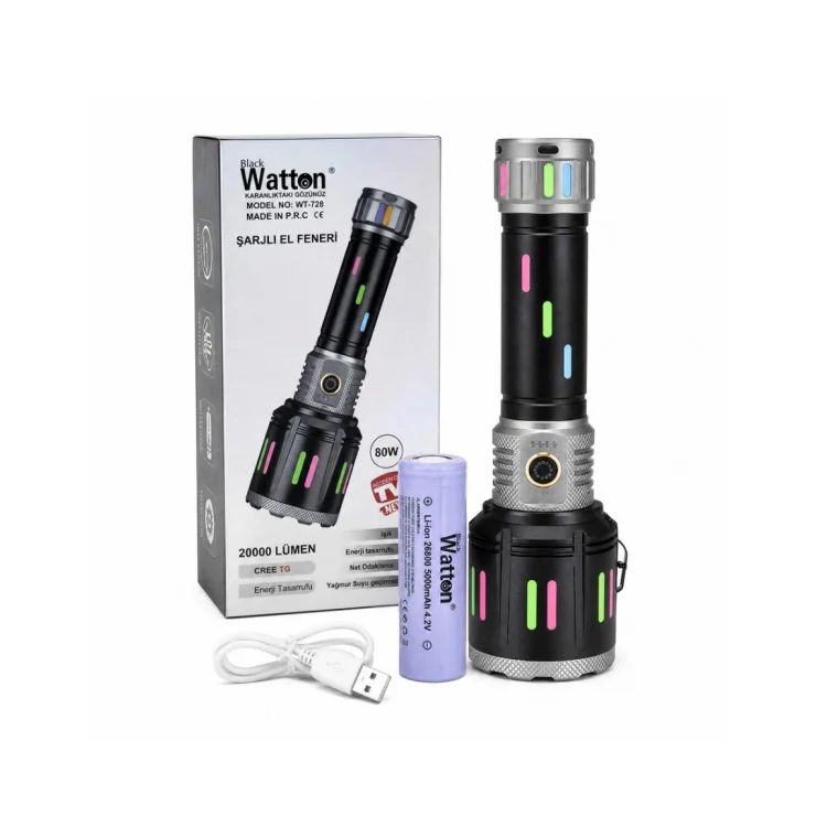 WATTON WT-728 80W IŞIK GÜCÜ 20.000 LÜMEN ŞARJLI GÖSTERGELİ EL FENERİ