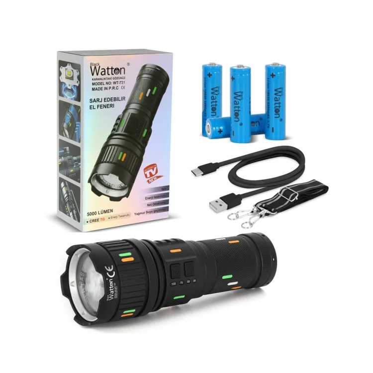 WATTON WT-731 5000 LÜMEN CREE TG LED ŞARJ GÖSTERGELİ EL FENERİ
