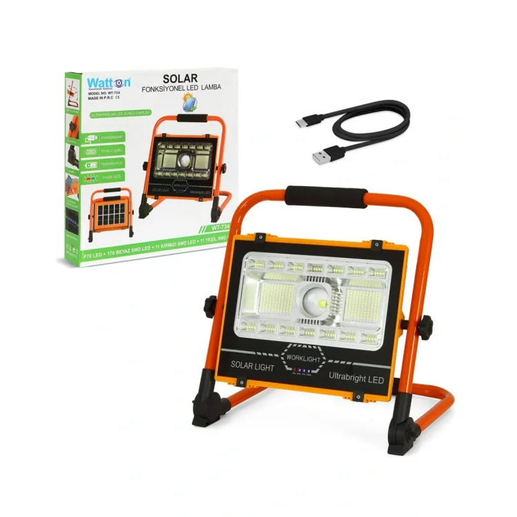 Watton WT-734 P70 LED Solar Panel Şarjlı Taşınabilir Projektör