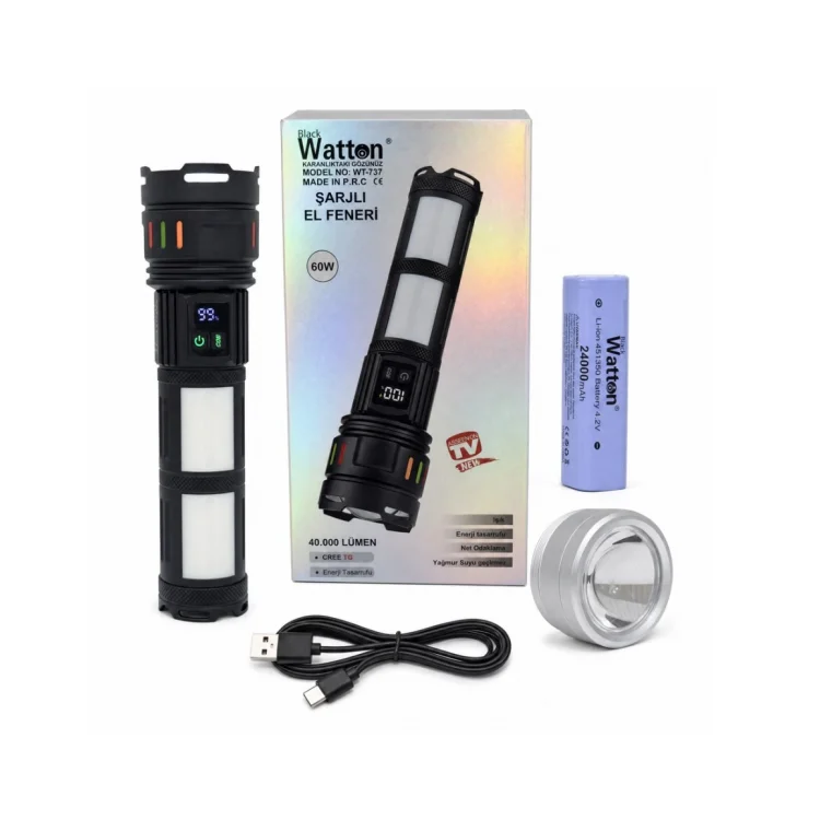WATTON WT-737 60W IŞIK GÜCÜ 40.000 LÜMEN ŞARJLI EL FENERİ