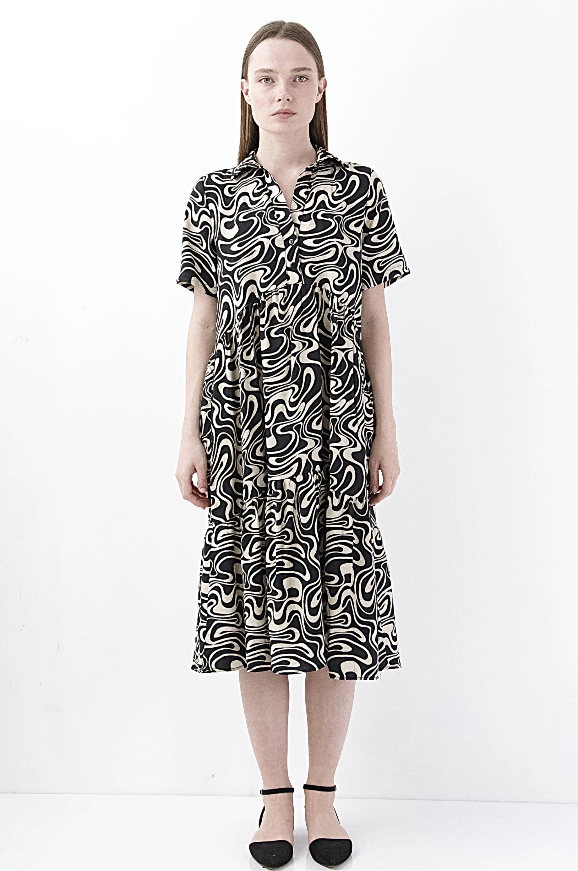 Elegant Swirl Desenli Kısa Kollu Midi Elbise