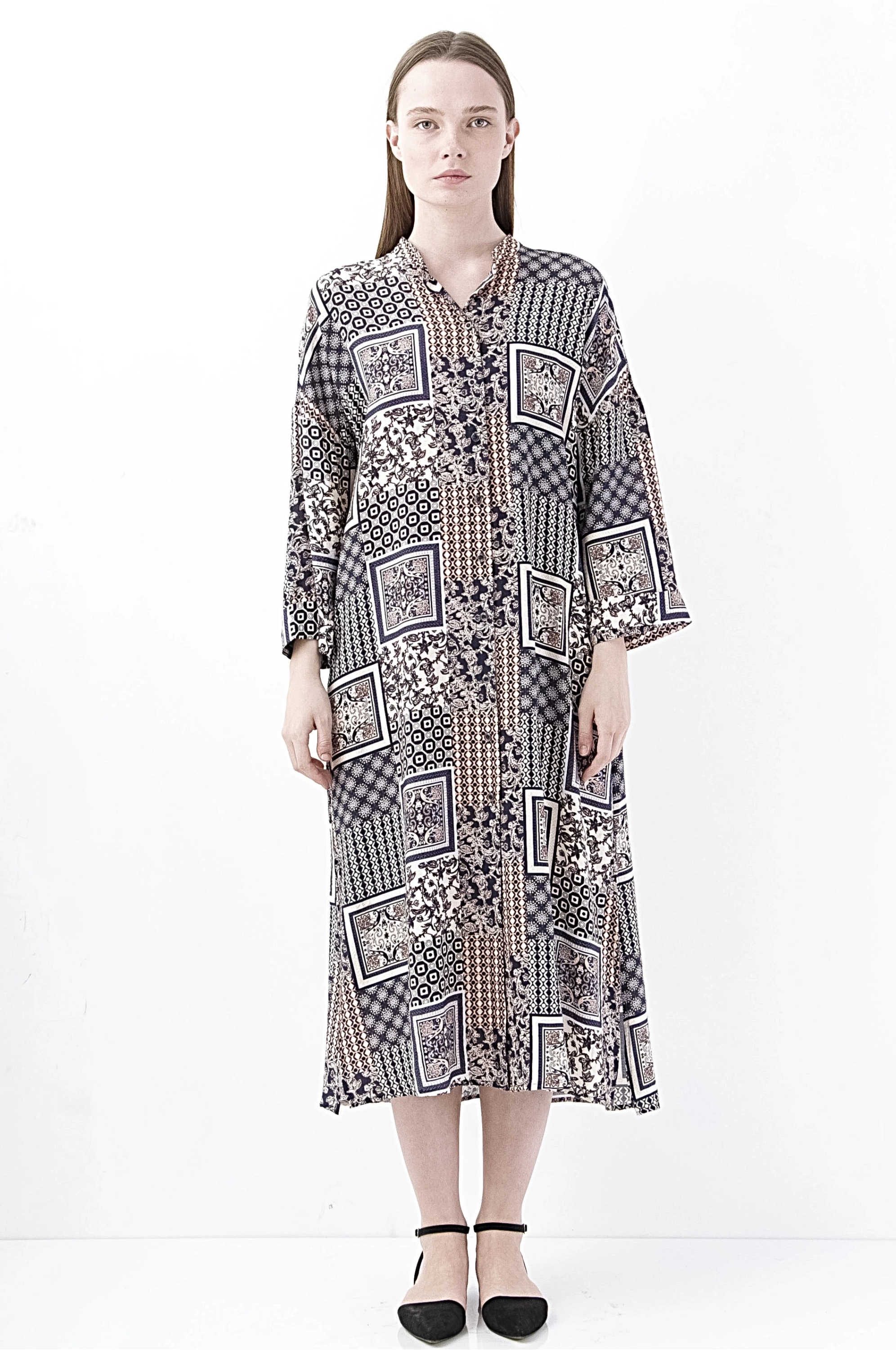 Şık Patchwork Desenli Midi Elbise