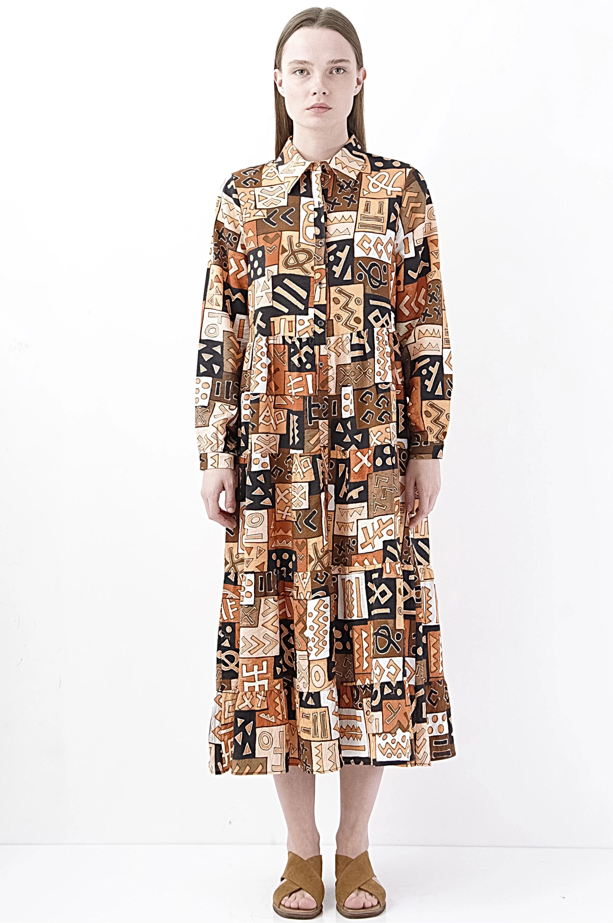Kare Desenli Vintage Midi Elbise