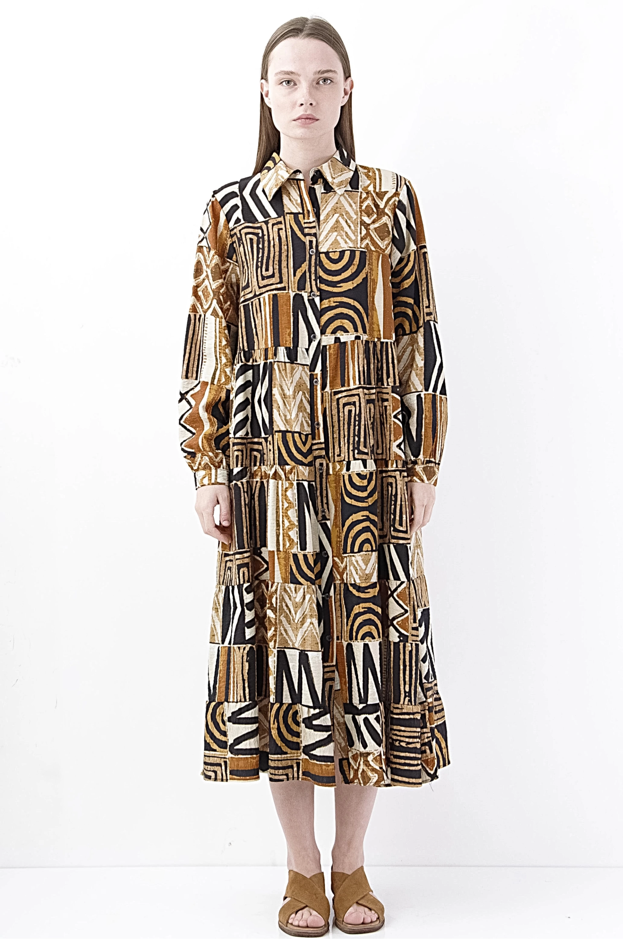 Tribal Desenli Bohem Midi Elbise