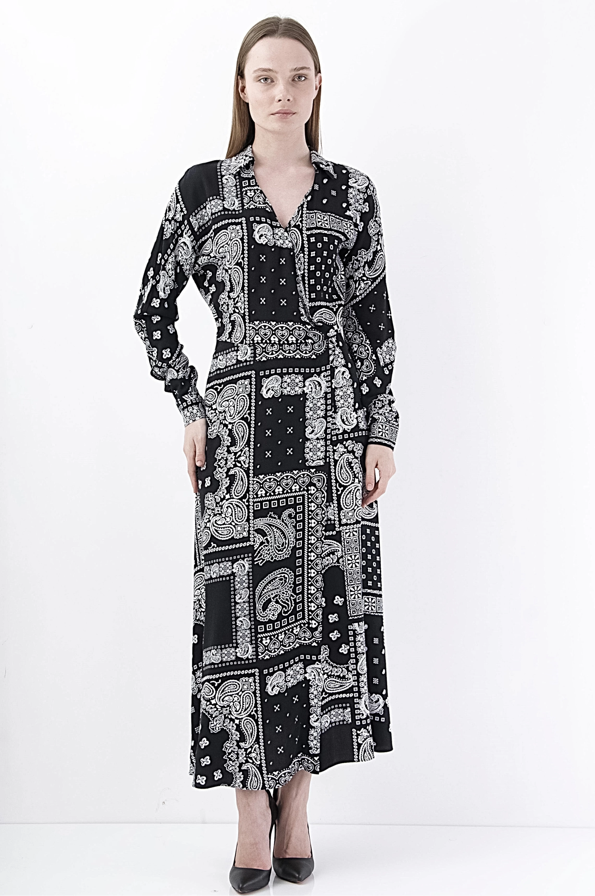 Modern Kruvaze Siyah Midi Elbise