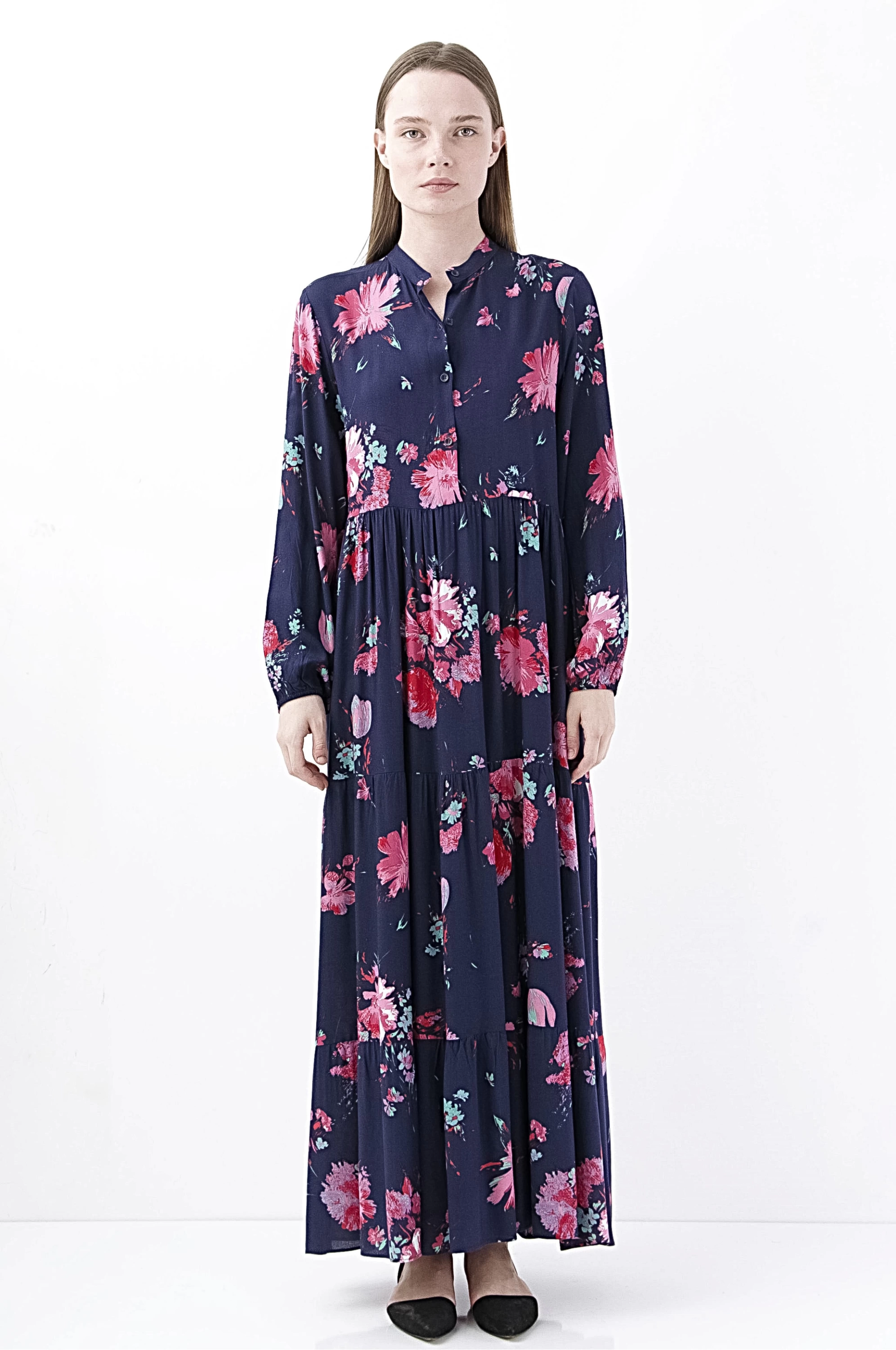 Floral Desenli Lacivert Maxi Elbise