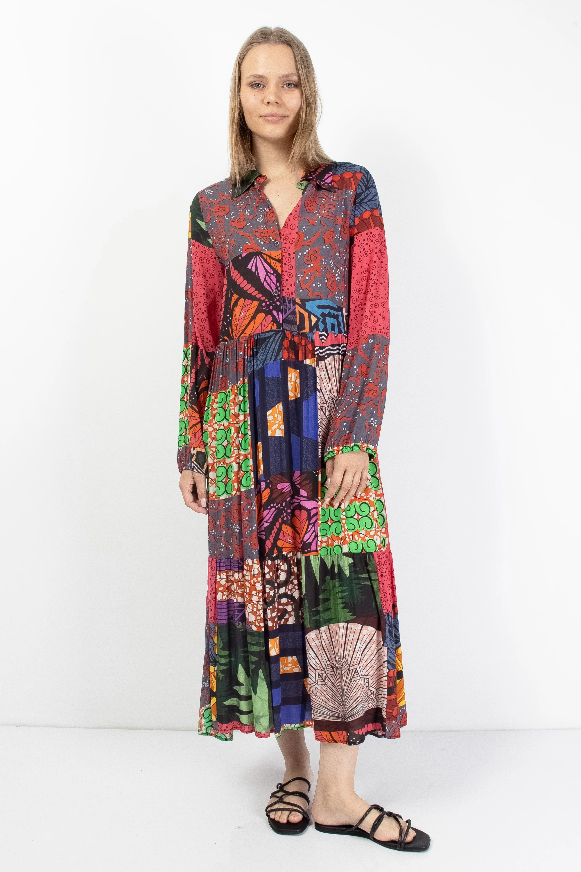 Vibrant Patchwork Desenli Uzun Kollu Midi Elbise