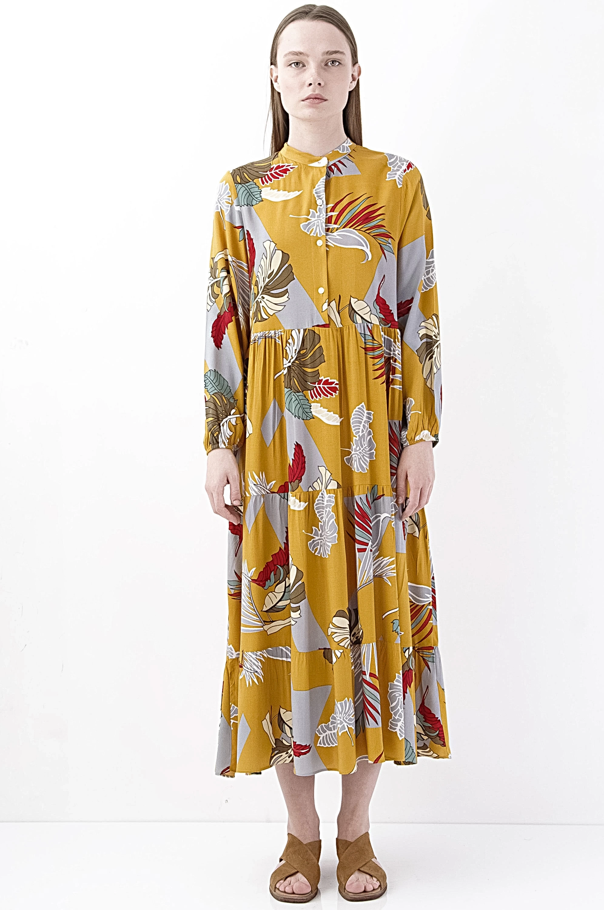Floral Desenli Hardal Sarısı Midi Elbise