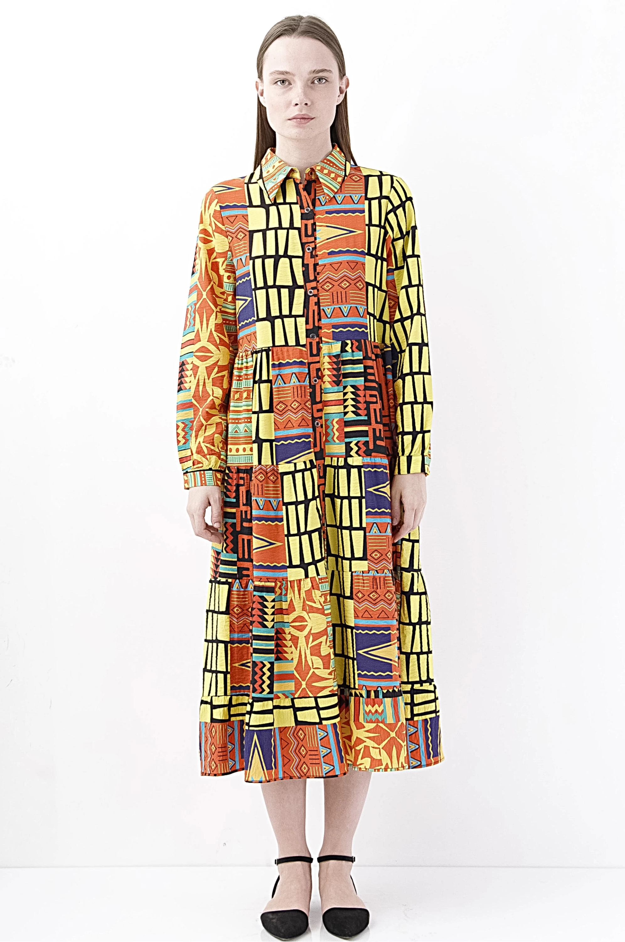 Vibrant Kabile Desenli Midi Elbise