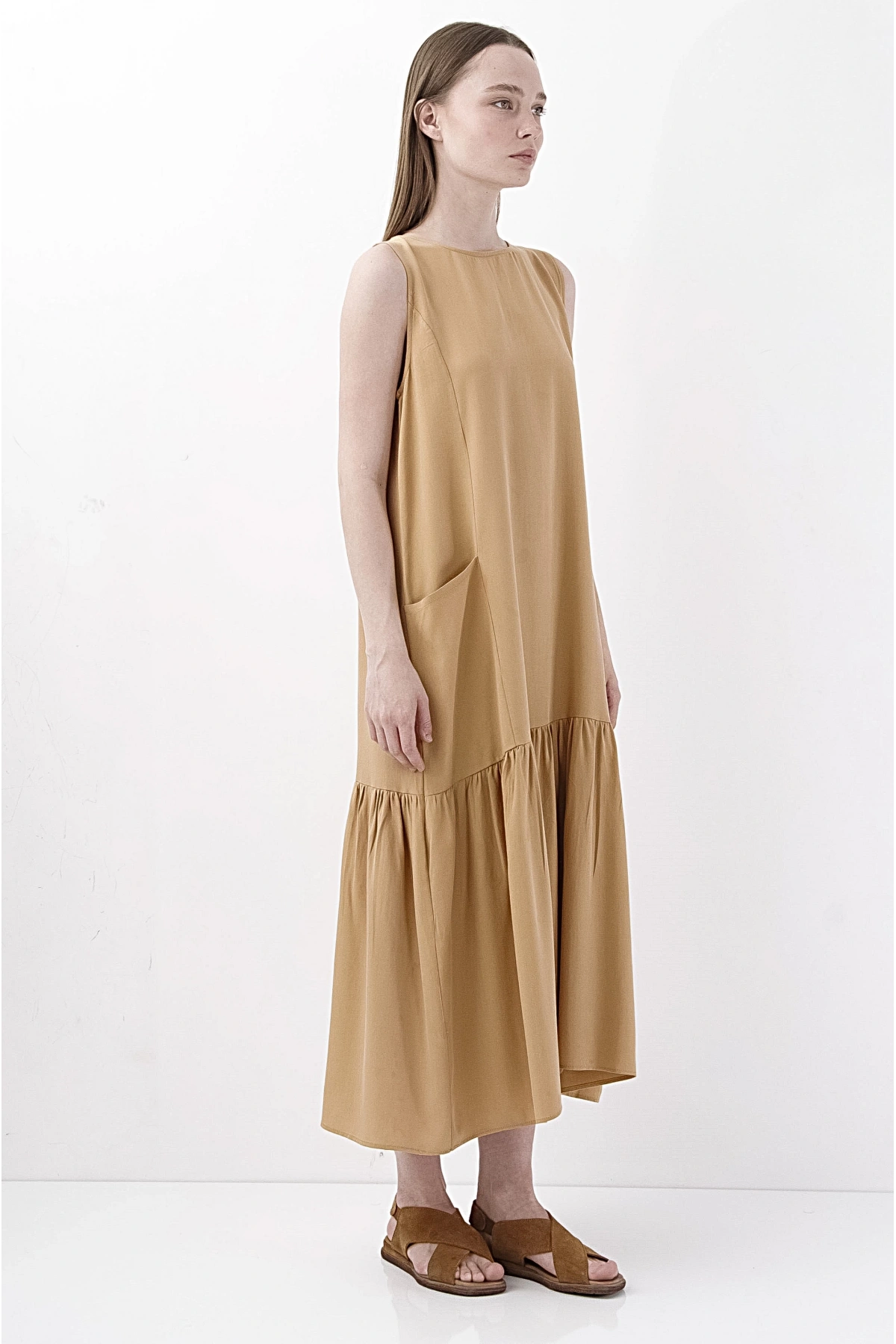 Zarif Kahve Midi Elbise Kadın Viskon Rahat Yazlık