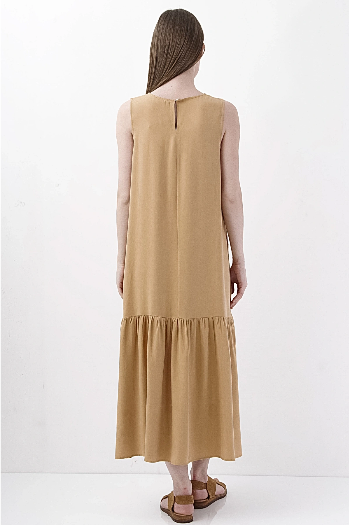 Zarif Kahve Midi Elbise Kadın Viskon Rahat Yazlık