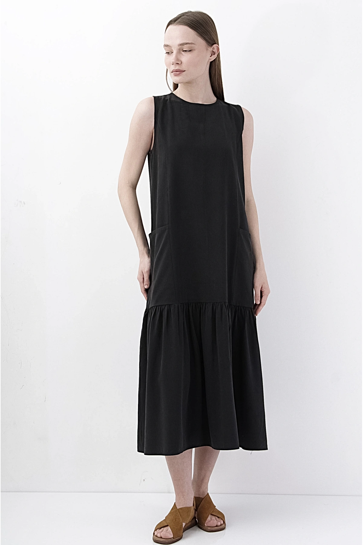 Siyah Modern Midi Elbise Kadın Viskon Rahat Şık Tasarım