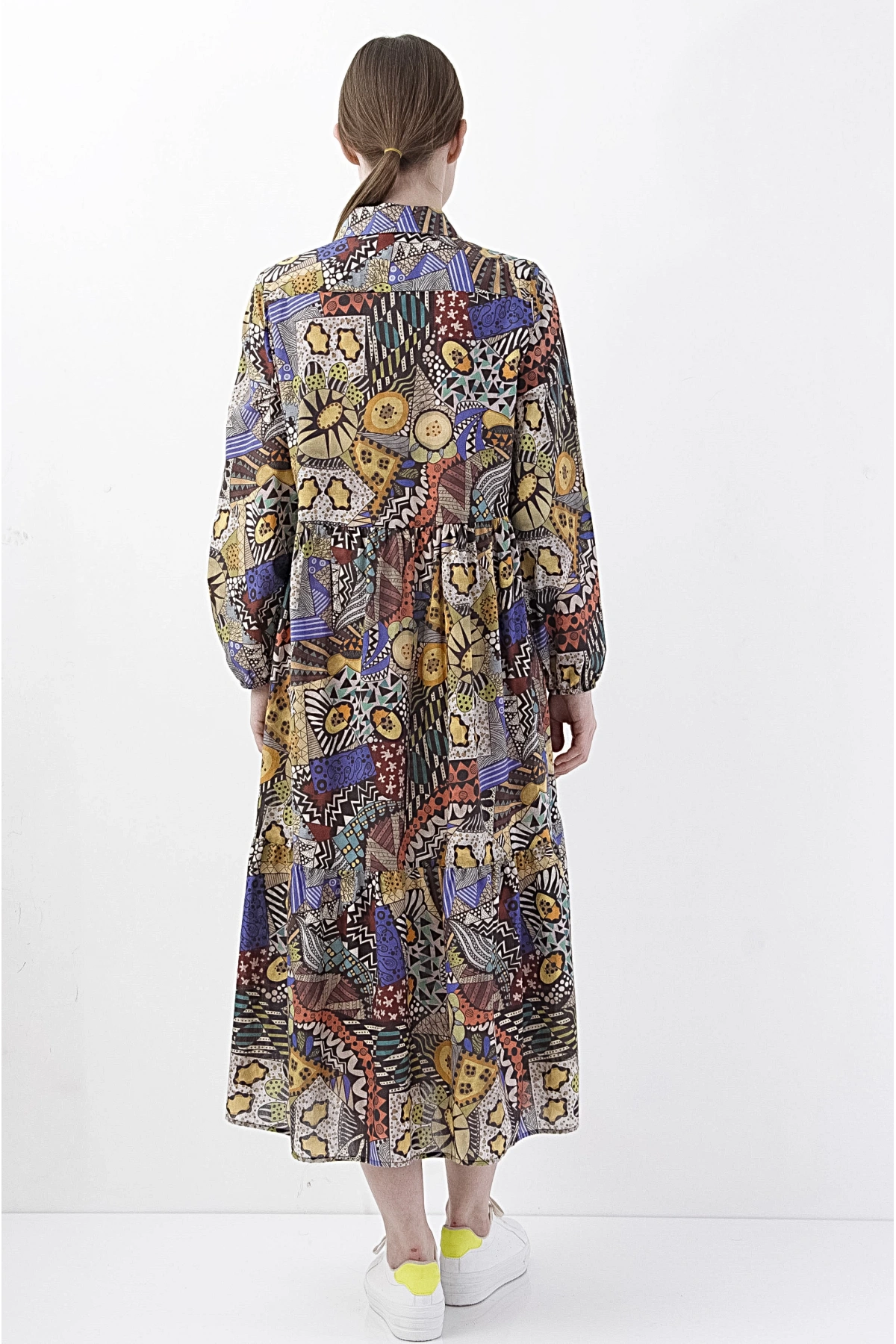 Desenli Bohem Midi Elbise Kadın Şık Giyim Viskon