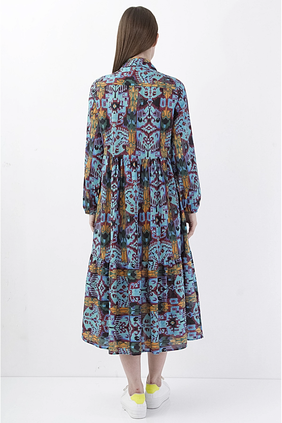 Kadın Bohem Desenli Uzun Kollu Şifon Elbise