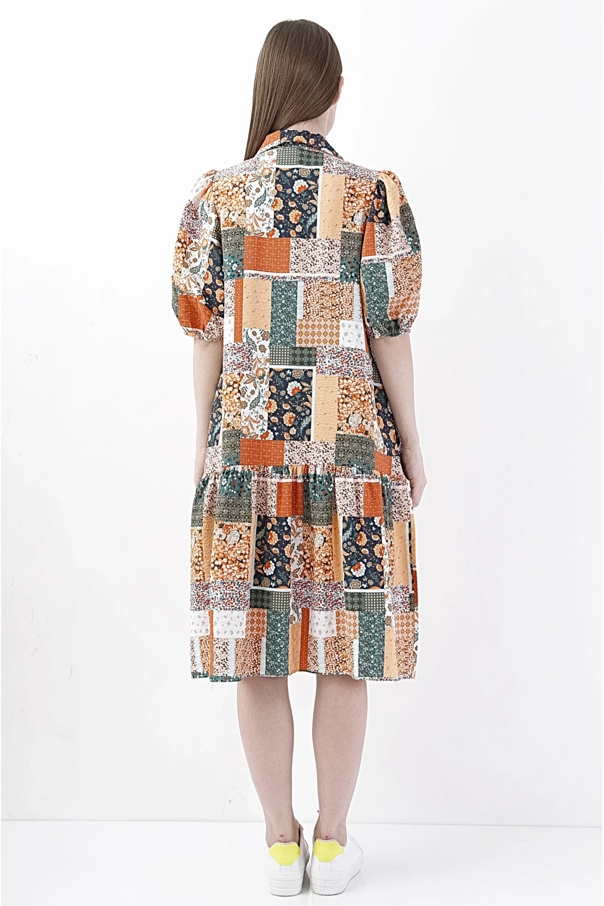 Turuncu-Yeşil Geometrik Desenli Midi Elbise