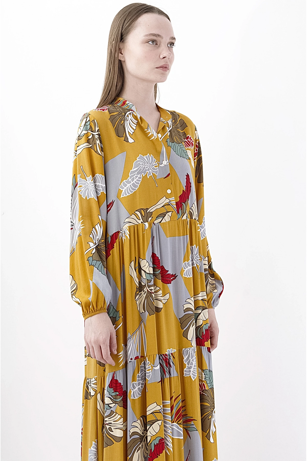 Uzun Sarı Desenli Boho Maxi Şifon Kadın Elbise