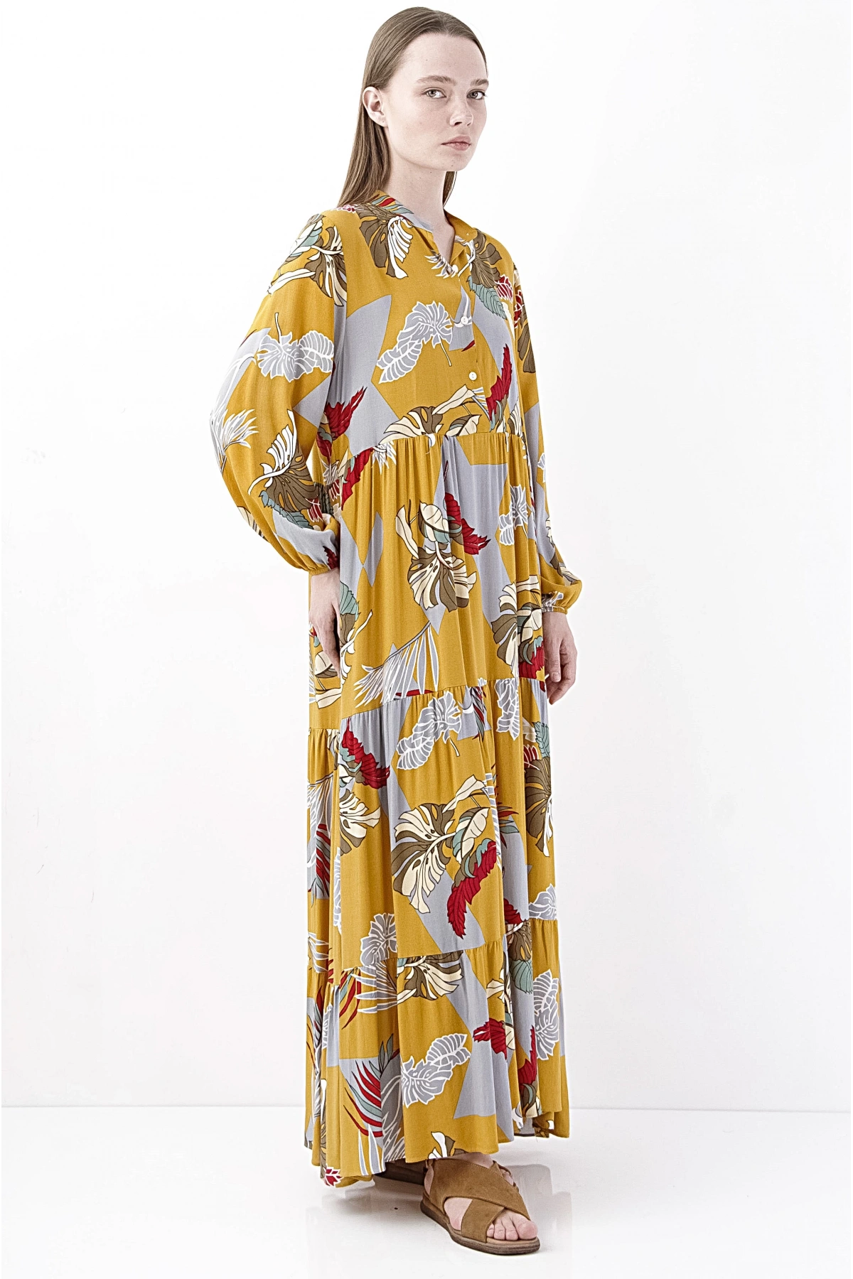 Uzun Sarı Desenli Boho Maxi Şifon Kadın Elbise