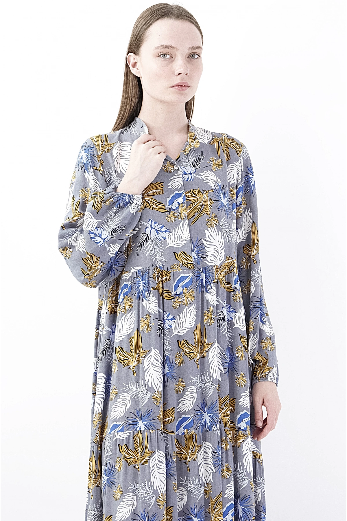 Floral Desenli Uzun Kollu Maxi Elbise