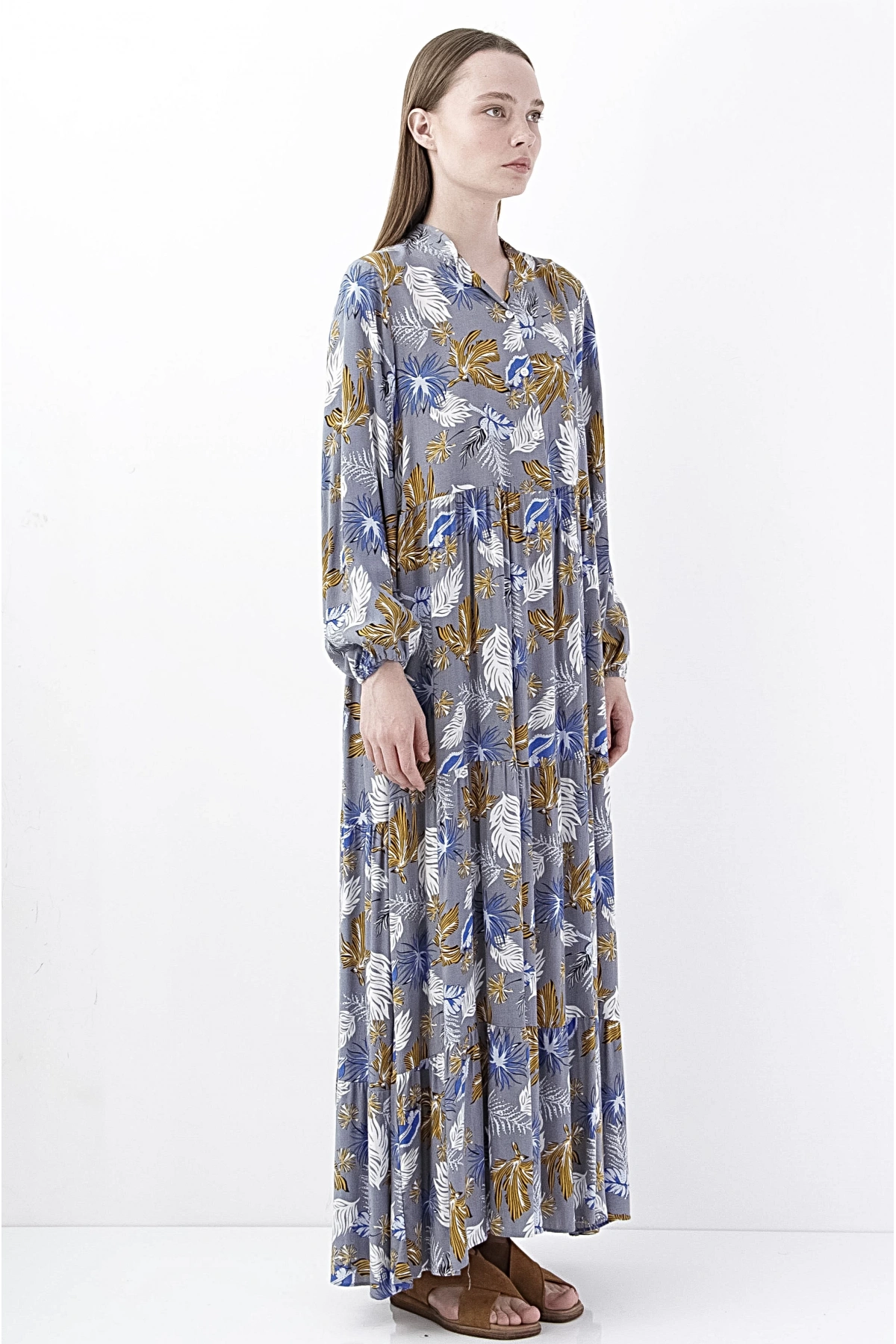 Floral Desenli Uzun Kollu Maxi Elbise