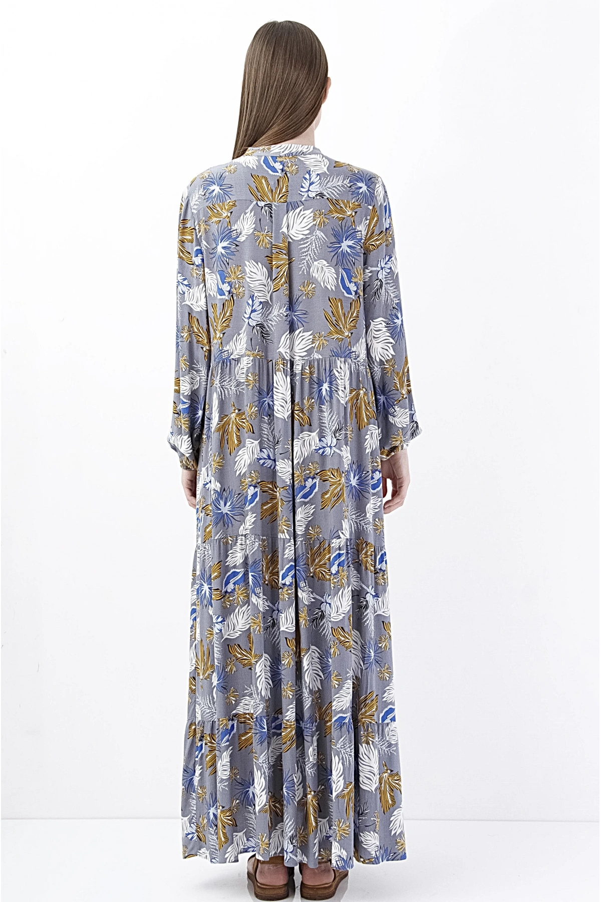 Floral Desenli Uzun Kollu Maxi Elbise