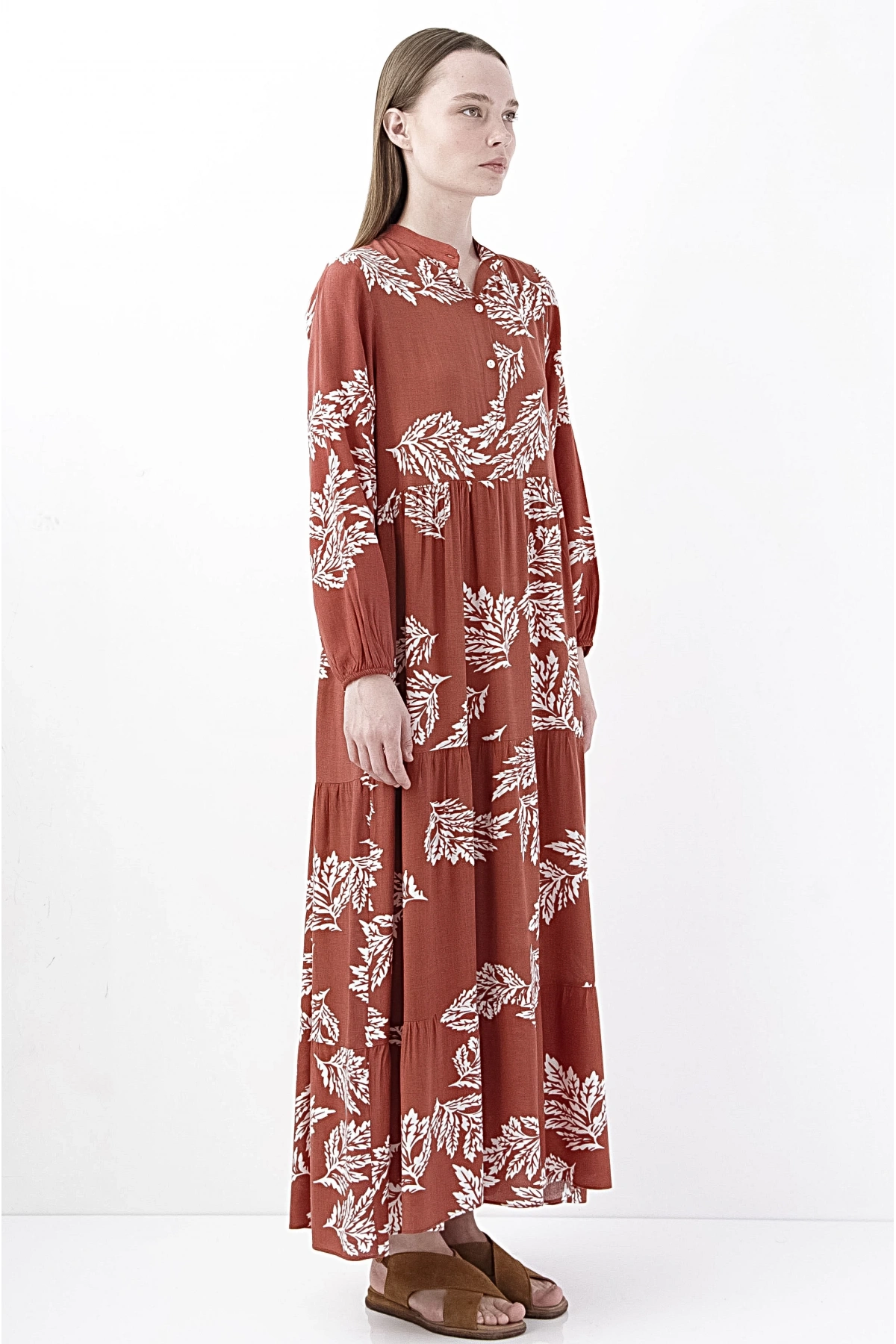 Bordo Yaprak Desenli Uzun Kadın Elbise Şık Boho Stil
