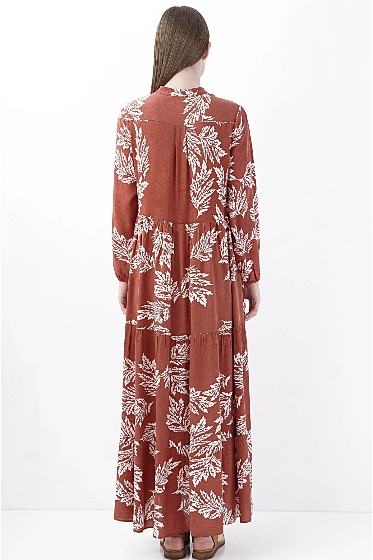 Bordo Yaprak Desenli Uzun Kadın Elbise Şık Boho Stil