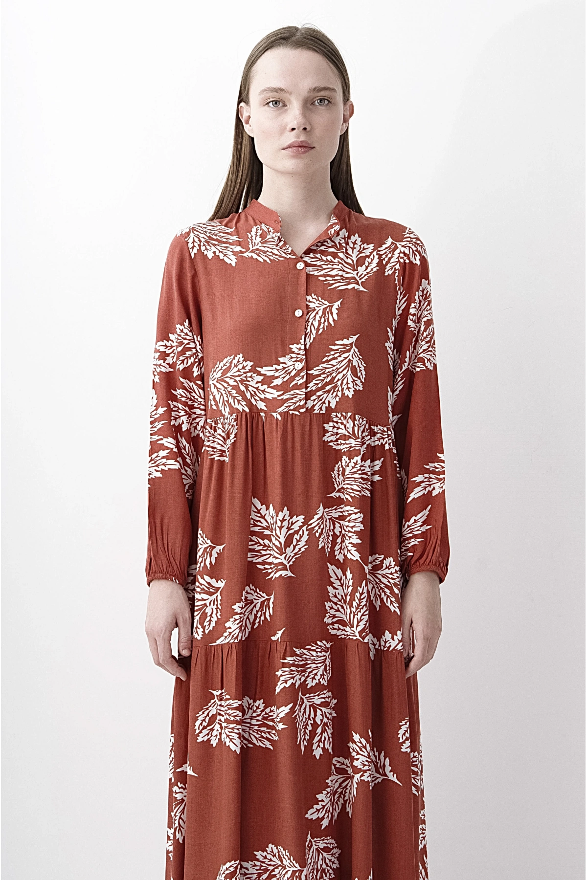 Bordo Yaprak Desenli Uzun Kadın Elbise Şık Boho Stil