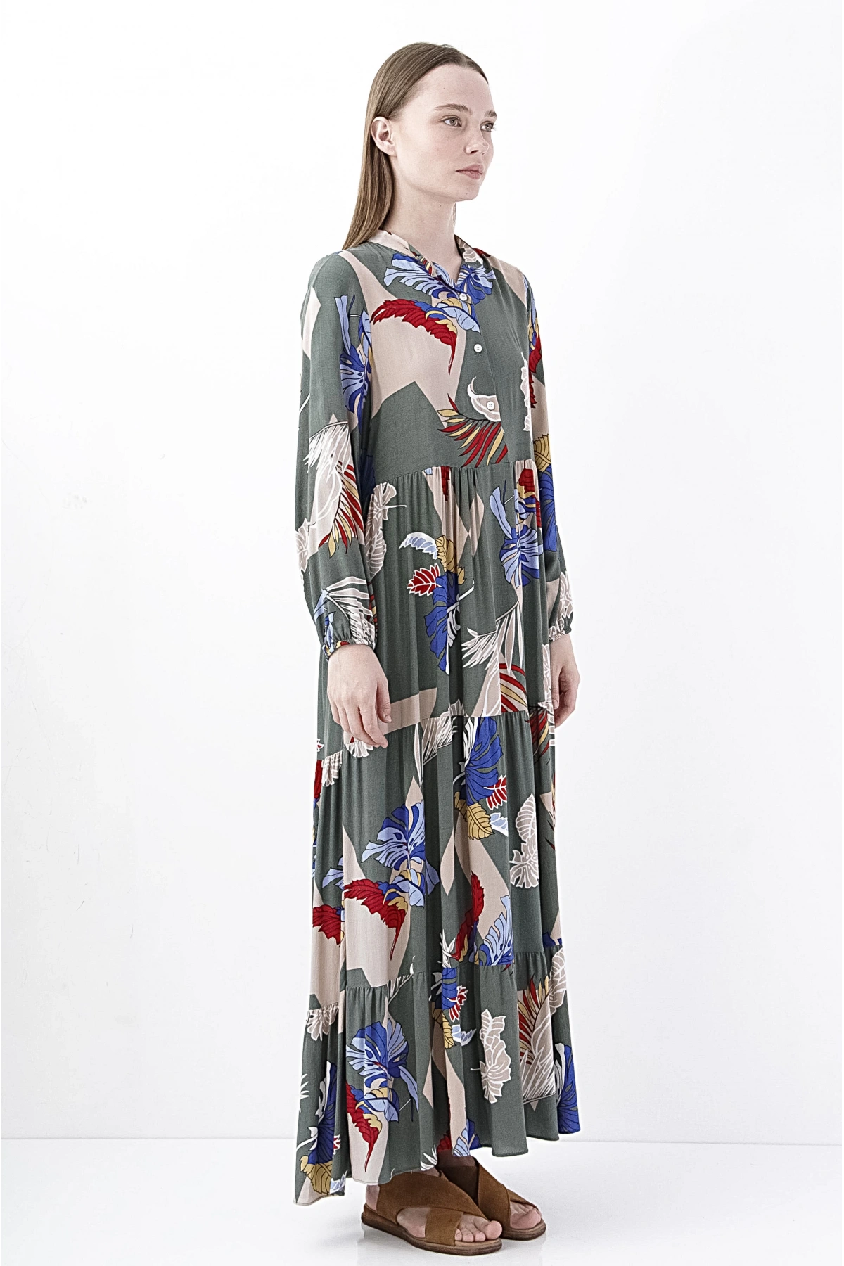 Floral Desenli Kadın Uzun Kol Maxi Elbise Siyah Yeşil