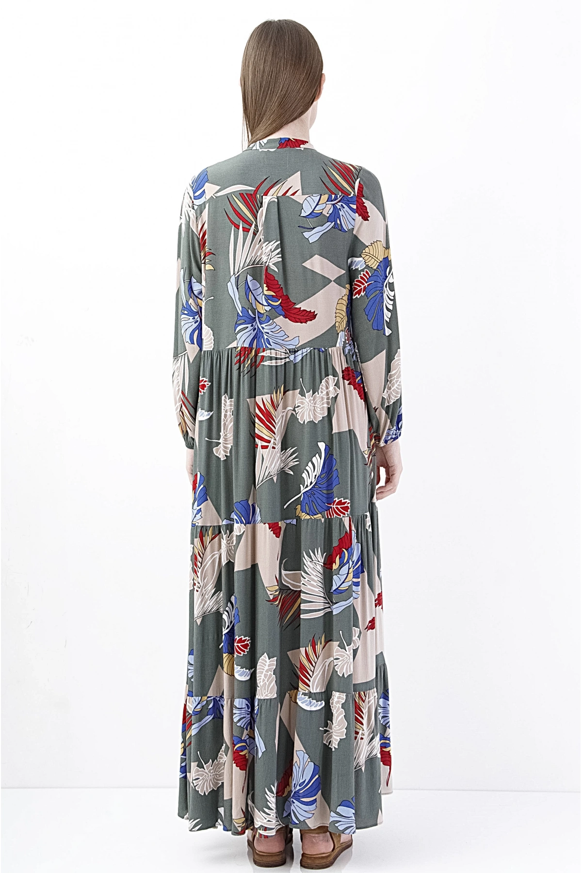 Floral Desenli Kadın Uzun Kol Maxi Elbise Siyah Yeşil