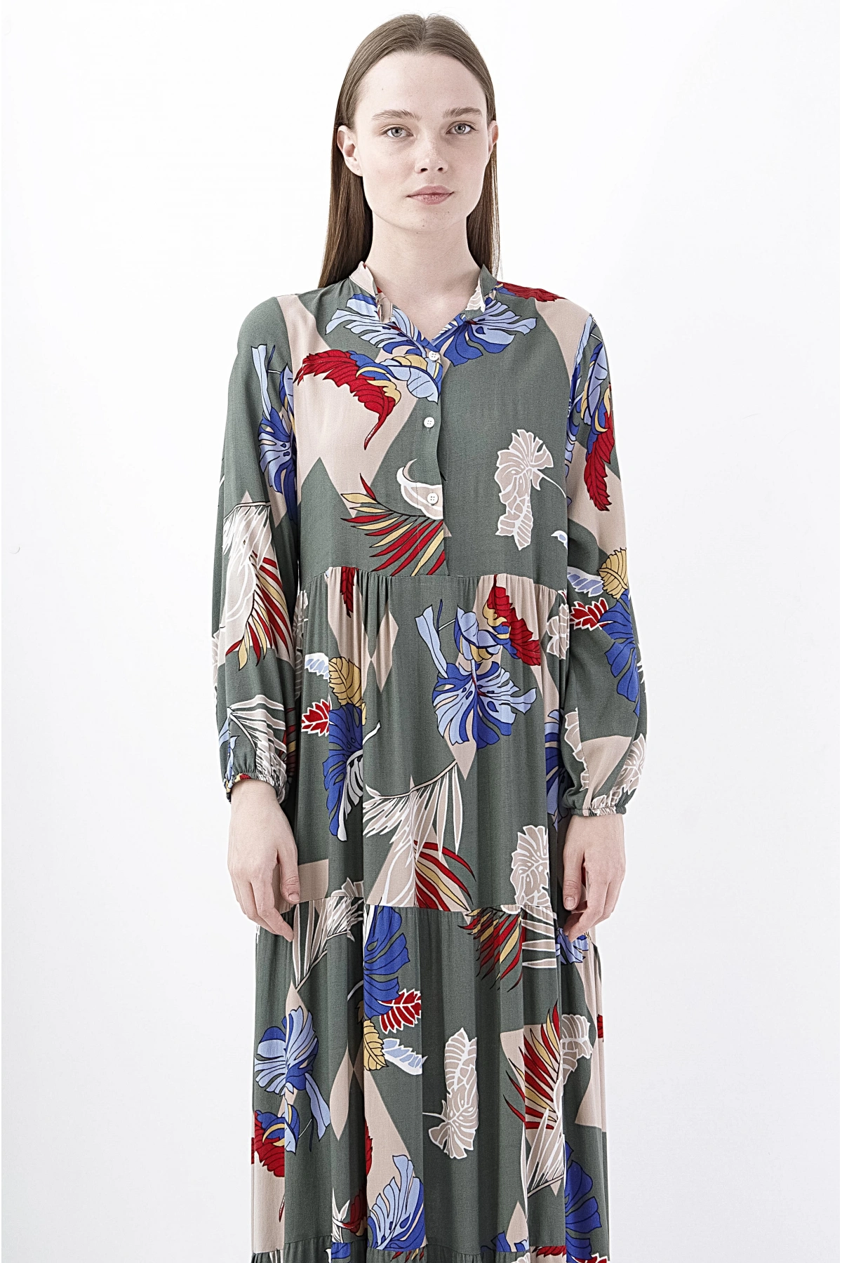 Floral Desenli Kadın Uzun Kol Maxi Elbise Siyah Yeşil