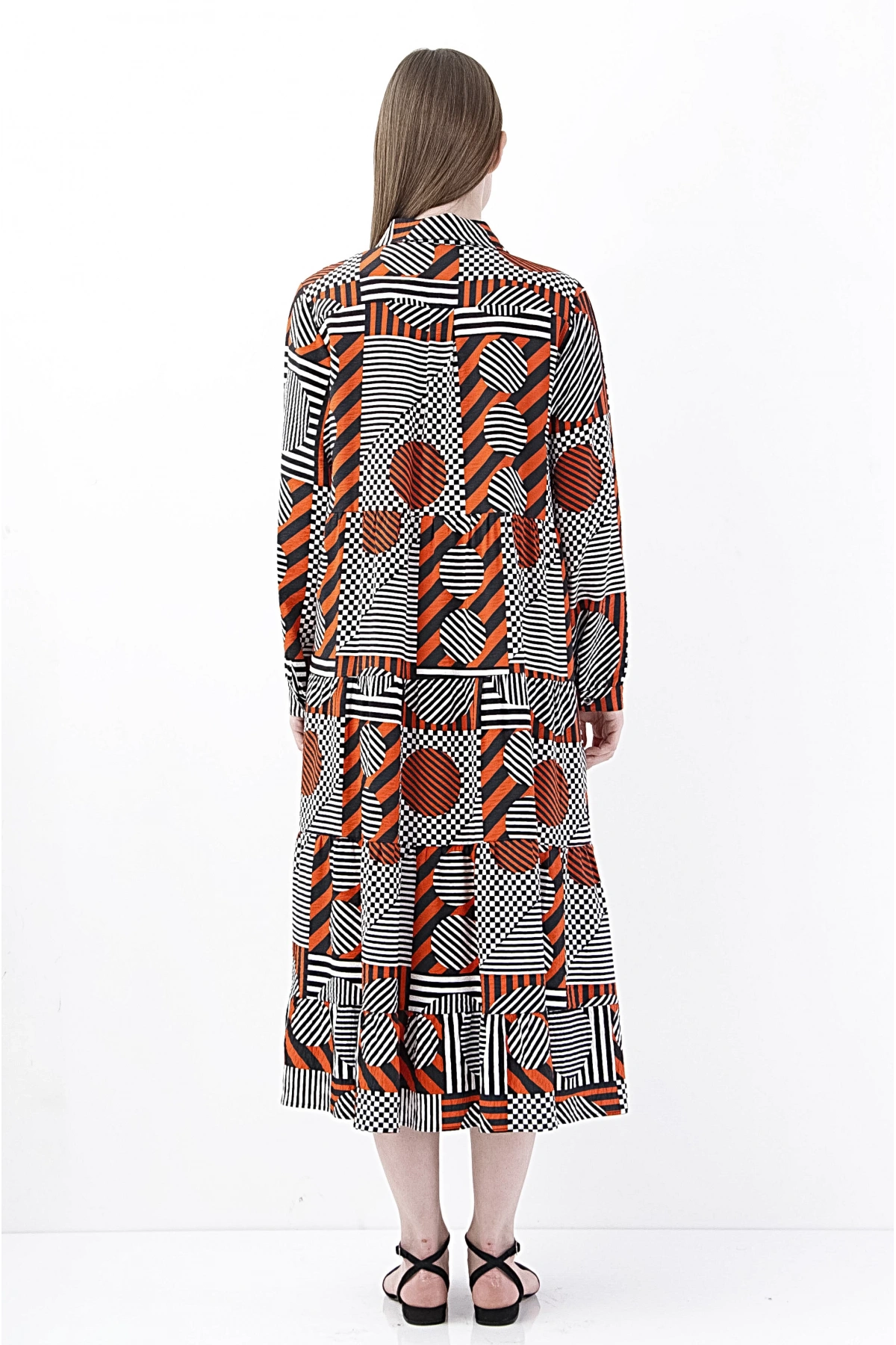 Modern Geometrik Desenli Uzun Kollu Şifon Elbise