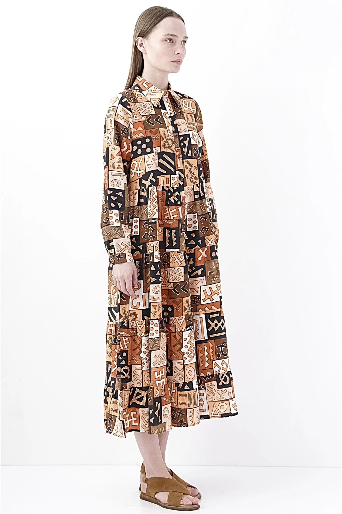 Boho Tarzı Kare Desenli Vintage Midi Elbise