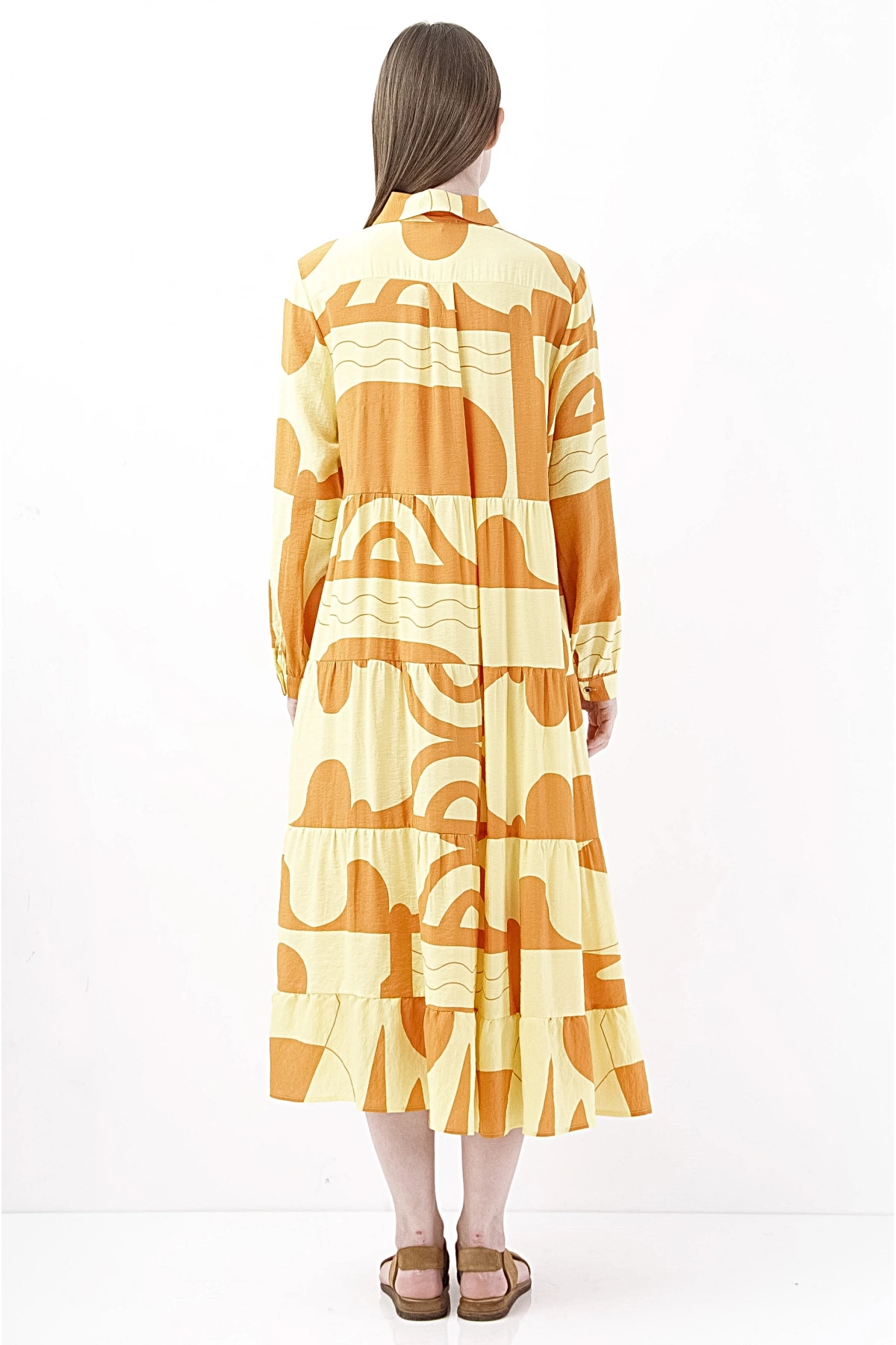 Modern Sarı Turuncu Desenli Uzun Şifon Kadın Elbise