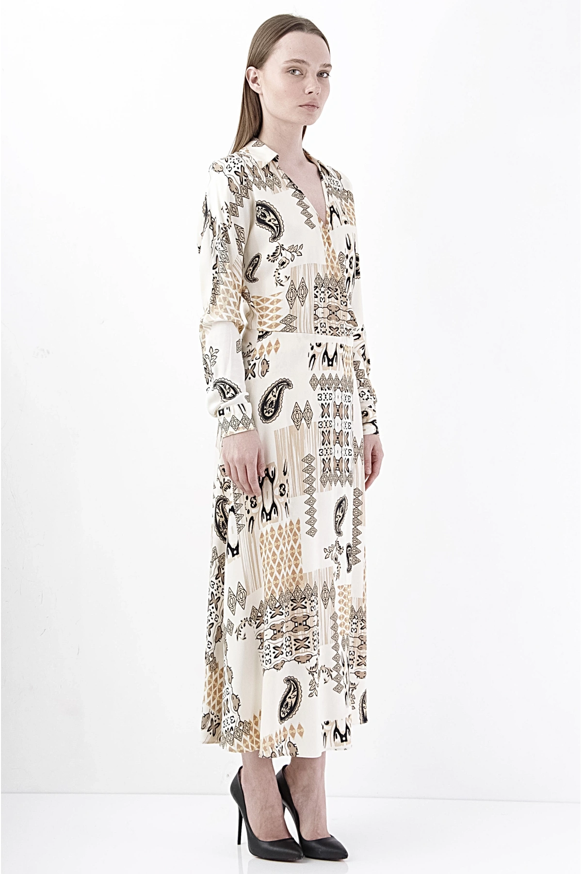 Modern Kruvaze Beyaz Midi Elbise