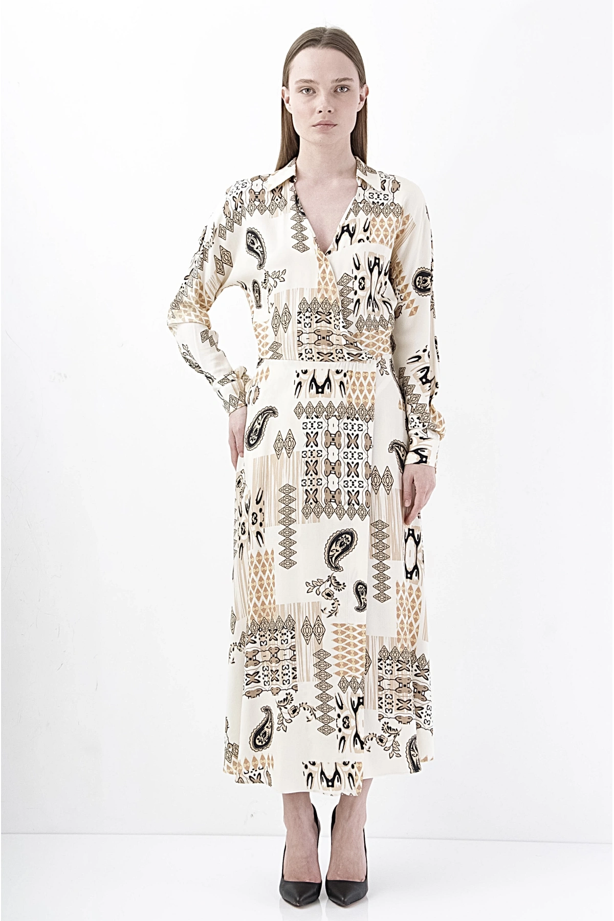 Modern Kruvaze Beyaz Midi Elbise