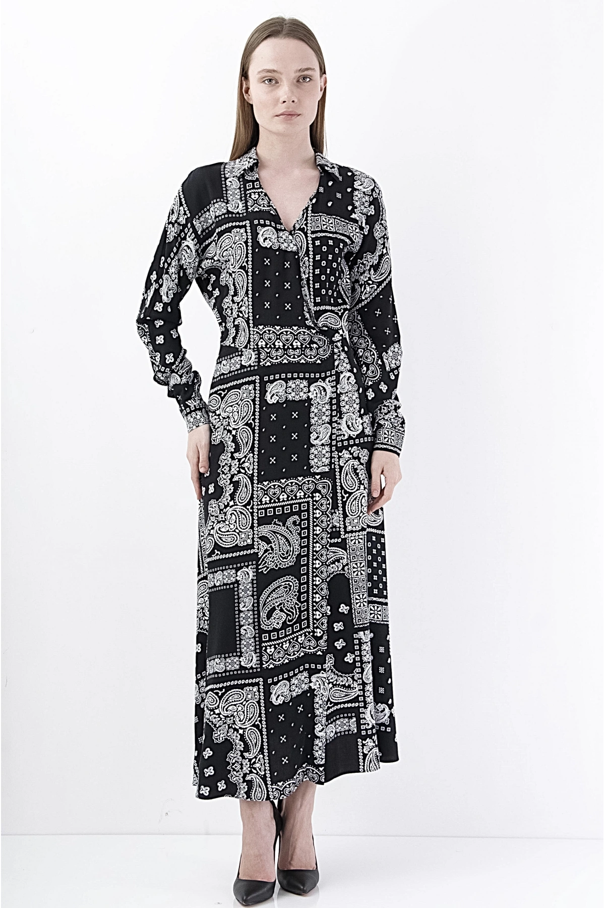 Modern Kruvaze Siyah Viskon Midi Elbise