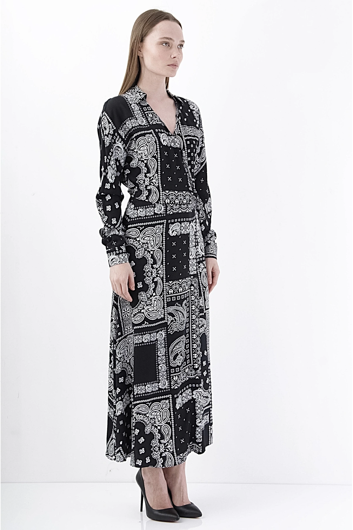 Modern Kruvaze Siyah Viskon Midi Elbise