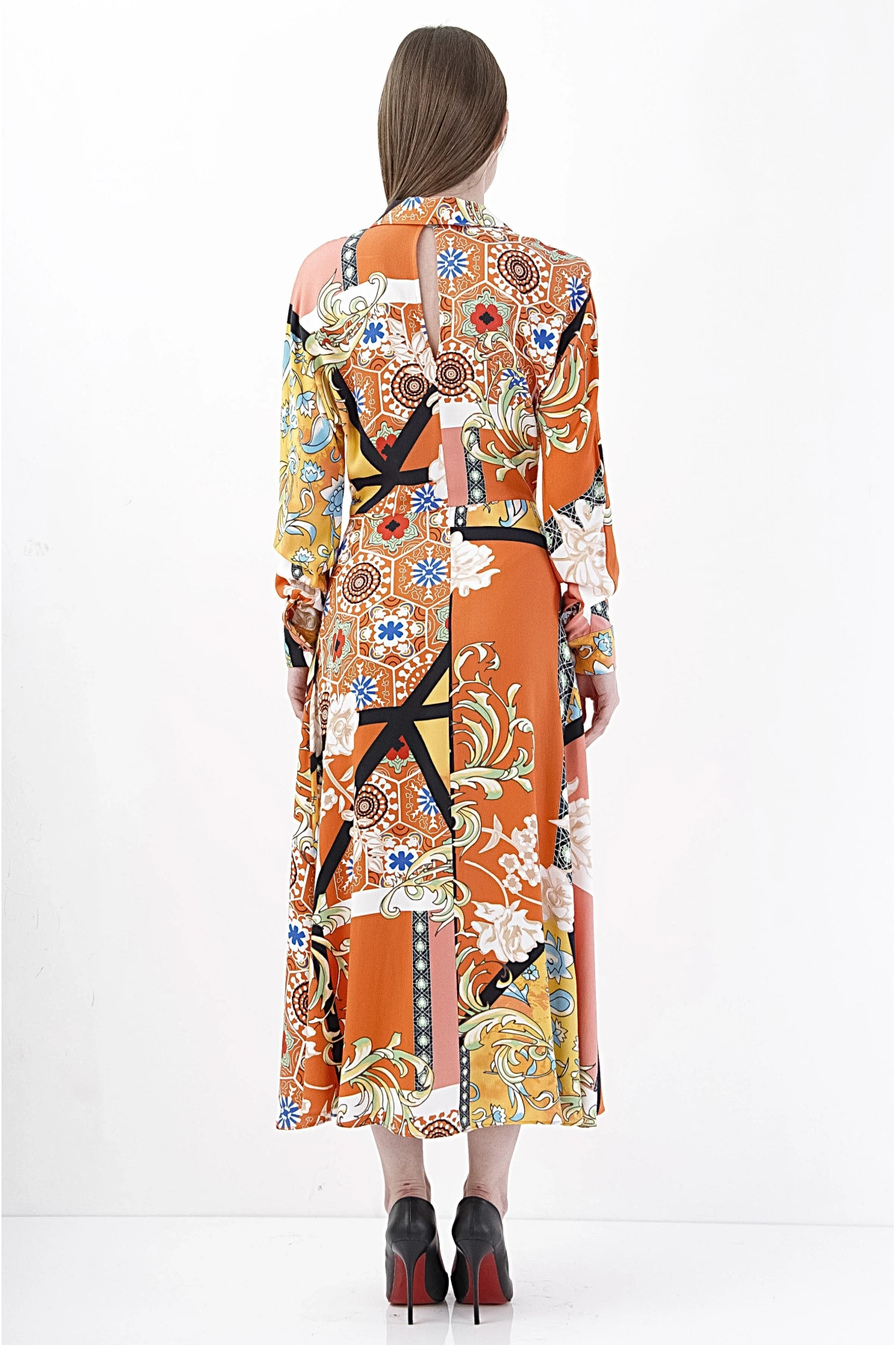 Modern Kruvaze Turuncu Viskon Midi Elbise