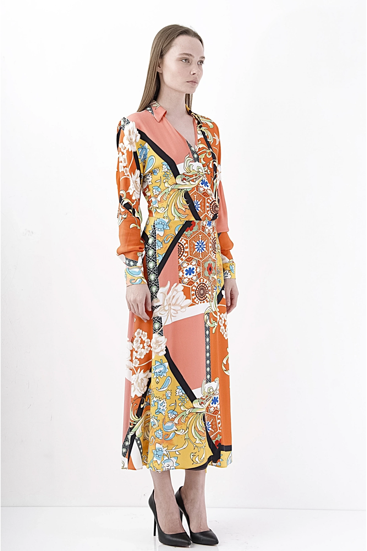 Modern Kruvaze Turuncu Viskon Midi Elbise